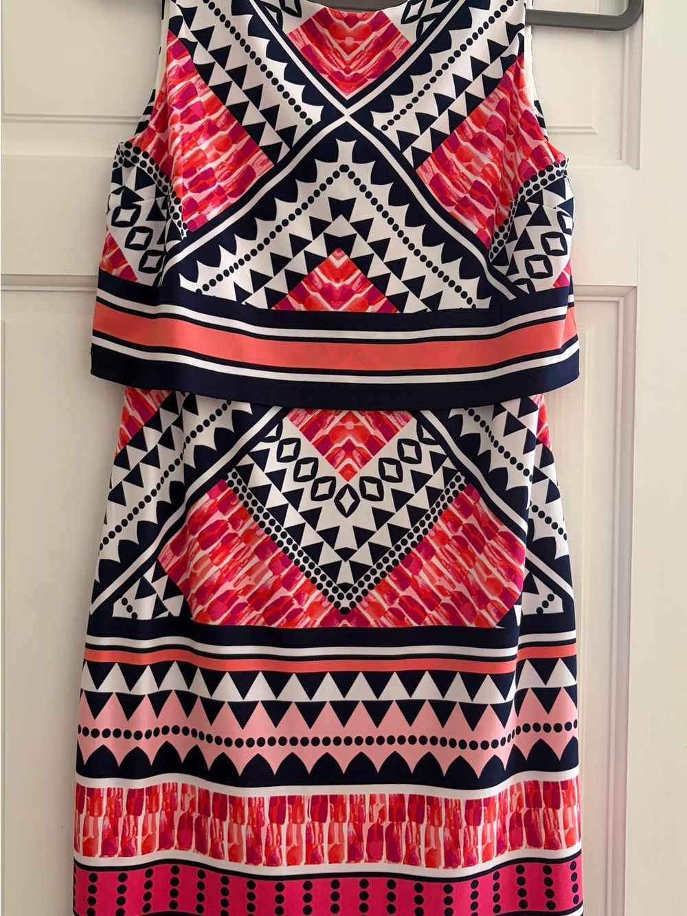 Women's Geometric Print Layered Dress in Pink & Navy